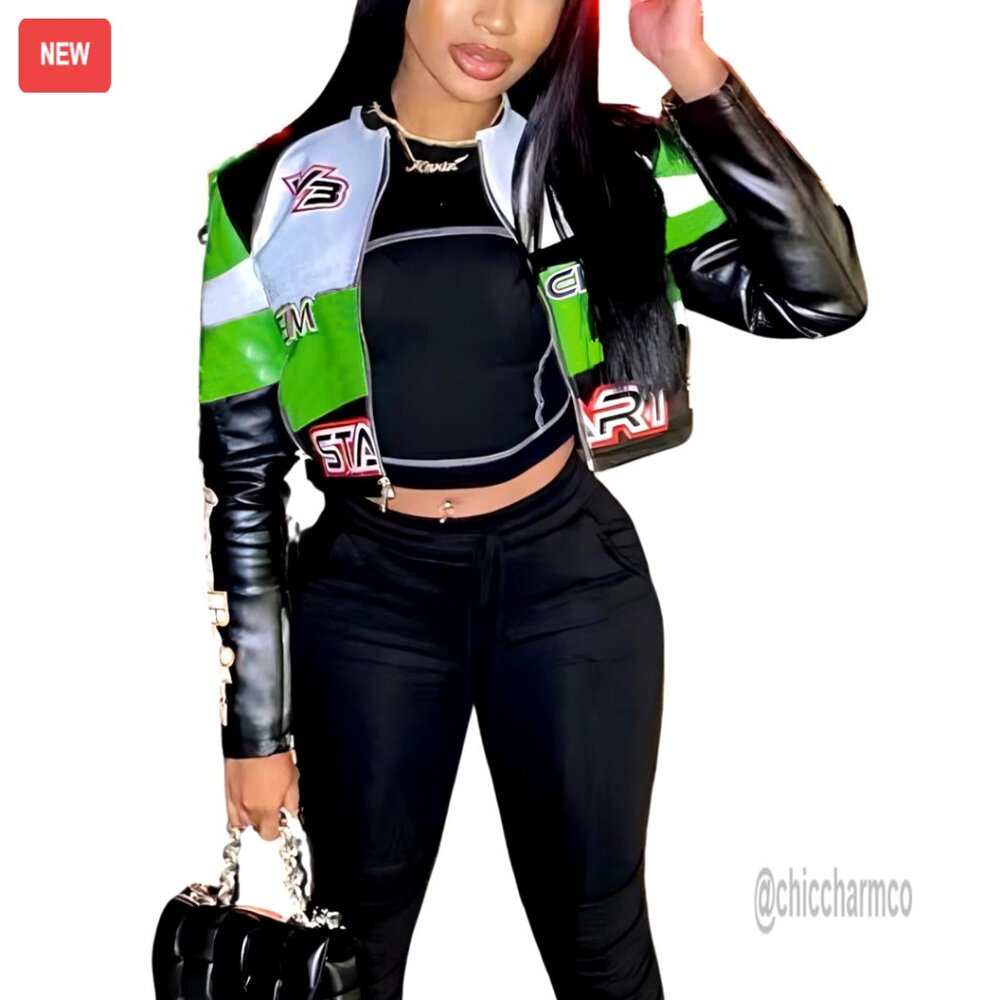 Faux Leather Moto Jacket Women's Zipper Front Cropped Bomber S-Xl
